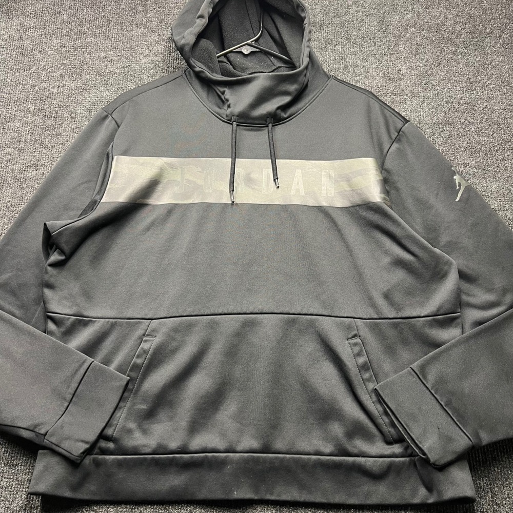 Jordan Mens Large Black Camo Spellout Jumpman Logo Performance Fleece Hoodie